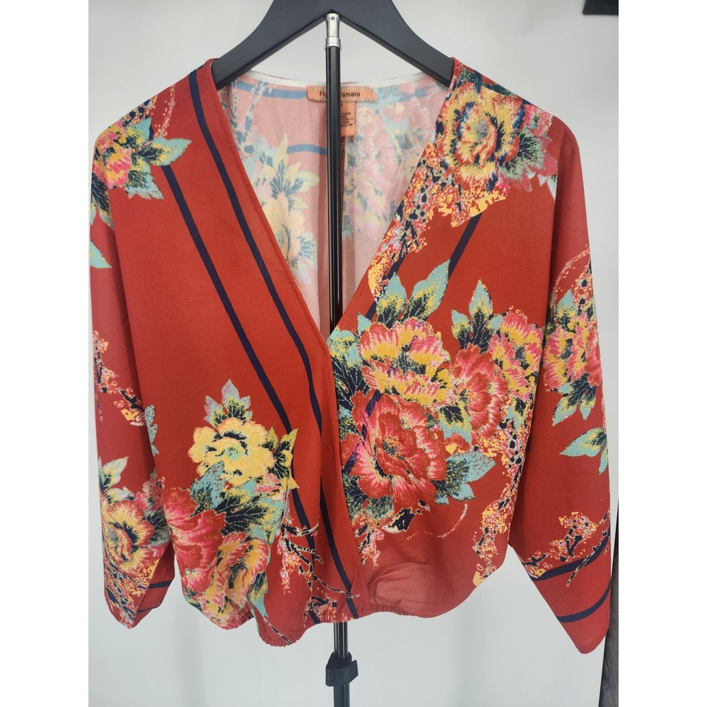 Flying Tomato Floral Surplice Blouse Rust Red Boho Wrap Top Medium IT9795E-TJ